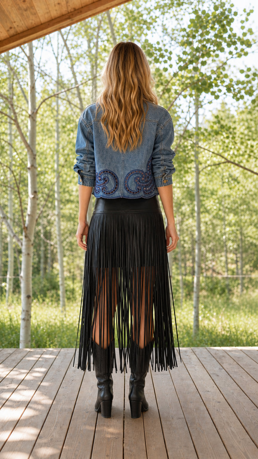 Back view of blue embroidered crop denim jacket