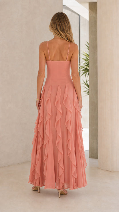 Model wearing Dusty Rose maxi dress back view
