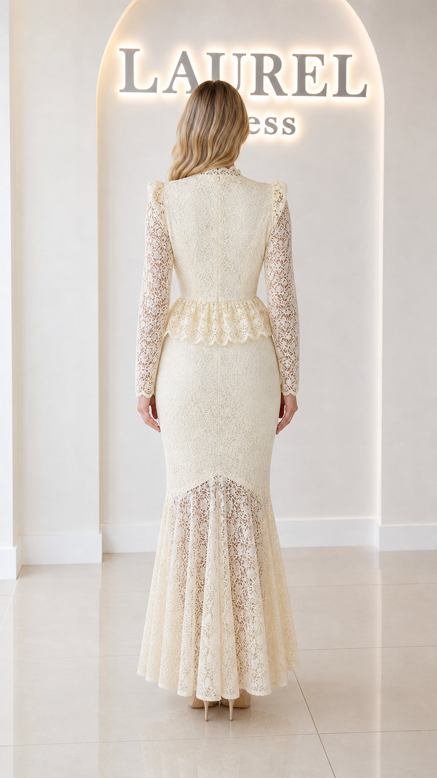 Back view of ivory floral lace mermaid formal dress
