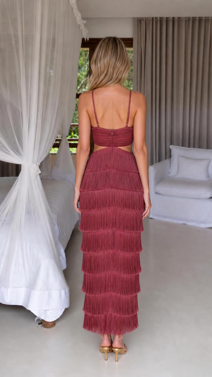Back view of burgundy fringe midi dress