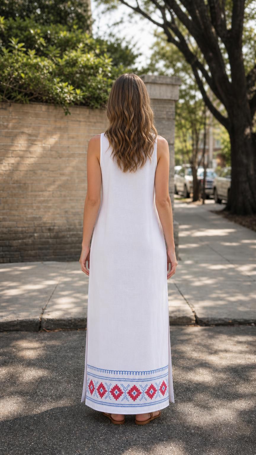 Back view of woman wearing white embroidered maxi dress