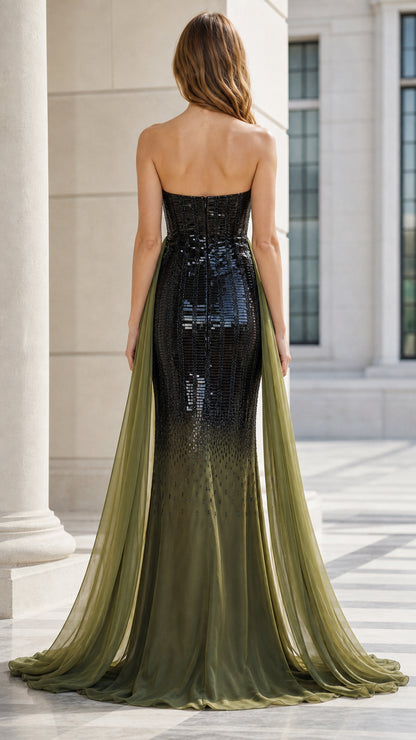 Back view of strapless sequin evening gown showing floor-length chiffon overskirt train