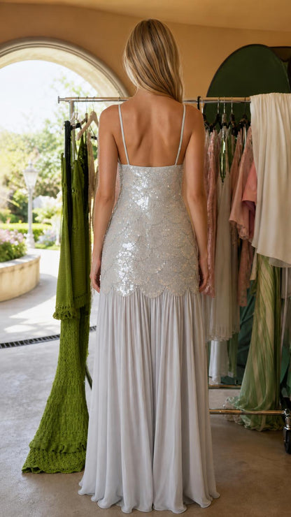 Back view of Silver sequin maxi dress