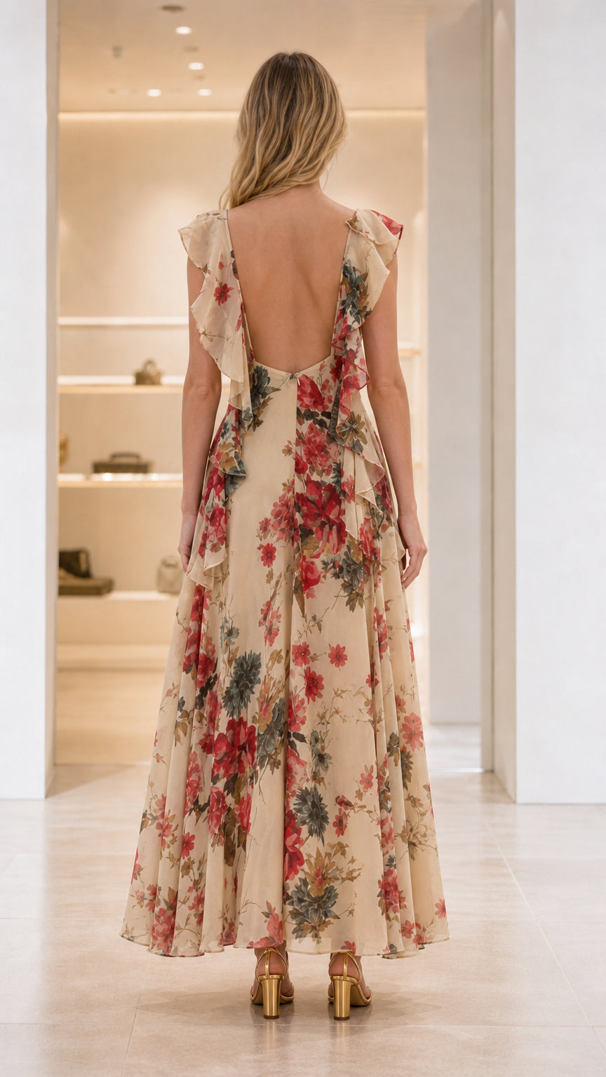 Back view of Champagne Floral sleeveless dress showing open back design and cascading ruffles