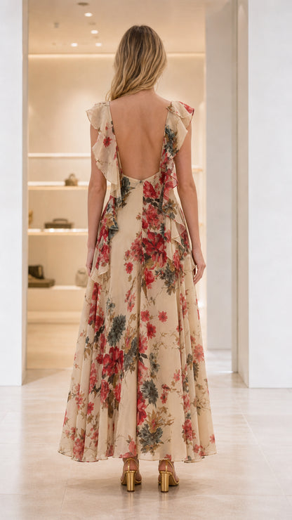 Back view of Champagne Floral sleeveless dress showing open back design and cascading ruffles