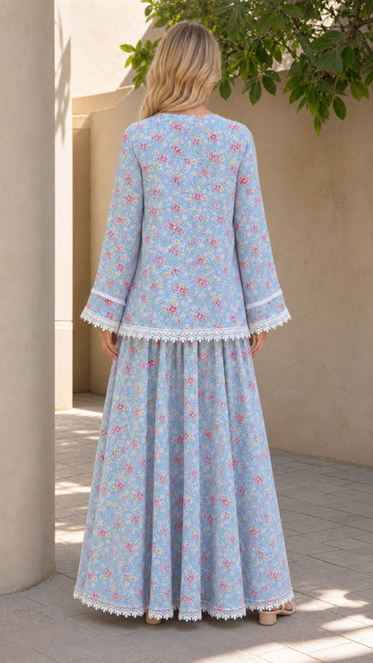Back view of model in light blue floral matching set