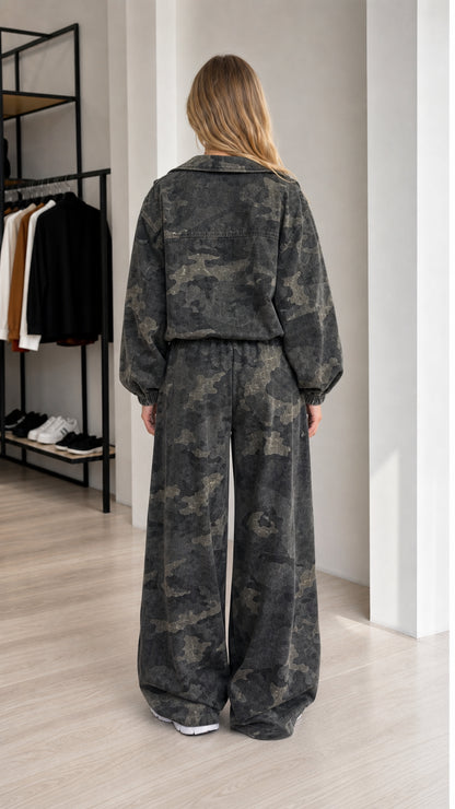 Back view of the charcoal camouflage cropped jacket and wide-leg pants