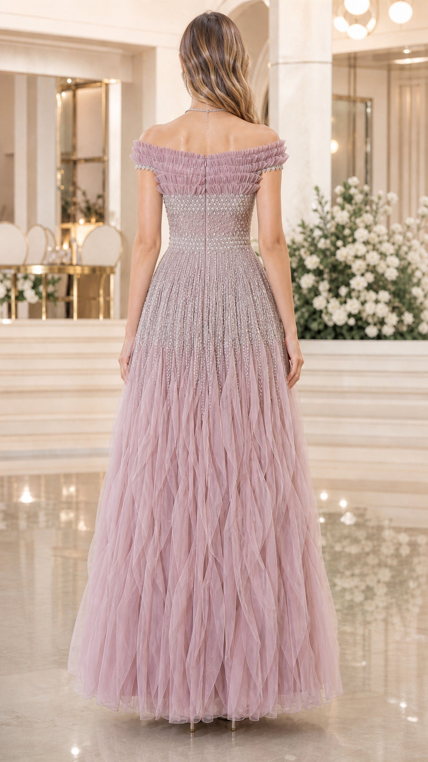 Back view of dusty rose evening gown showing tiered skirt