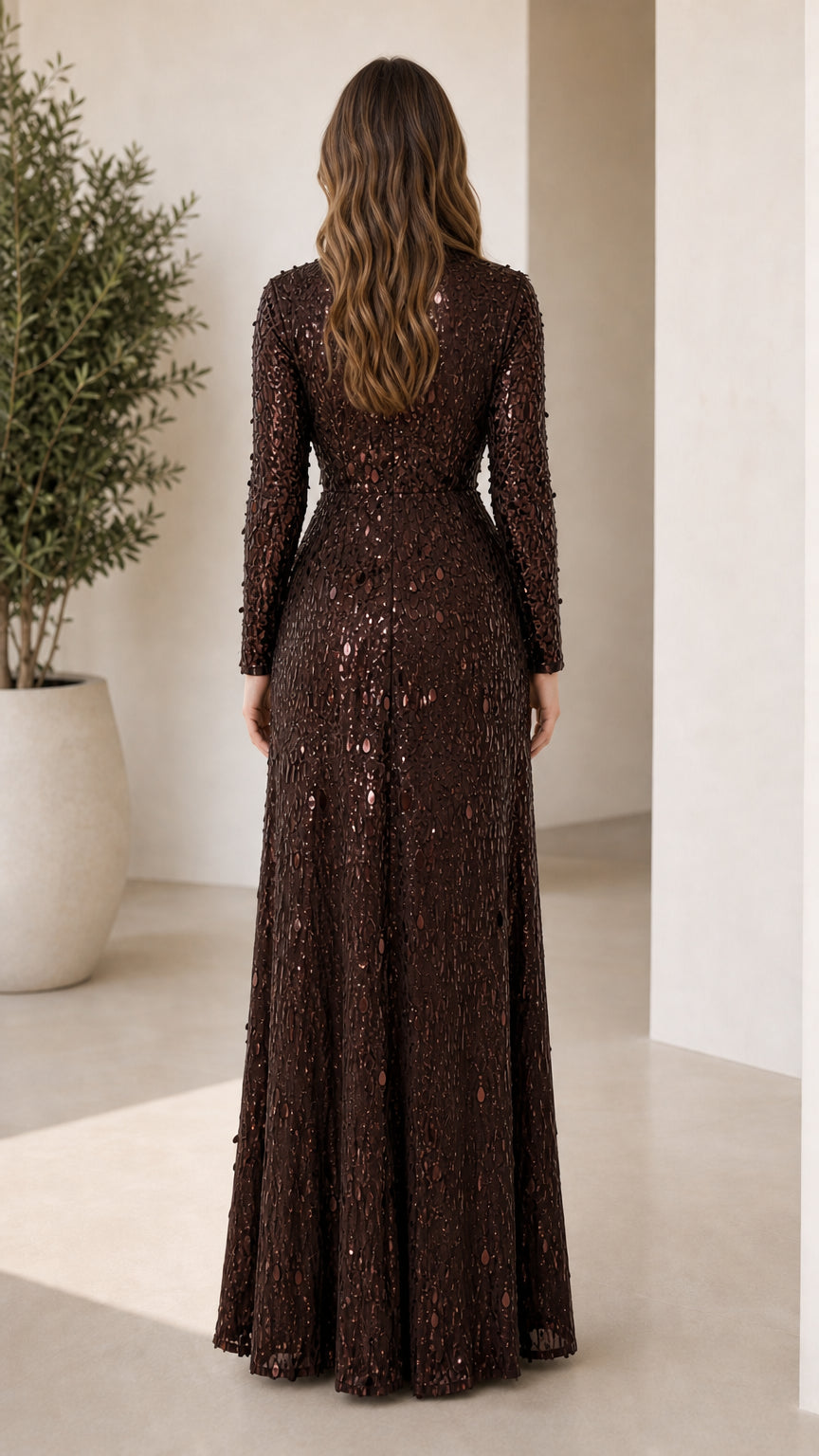 Back view of brown sequin dress