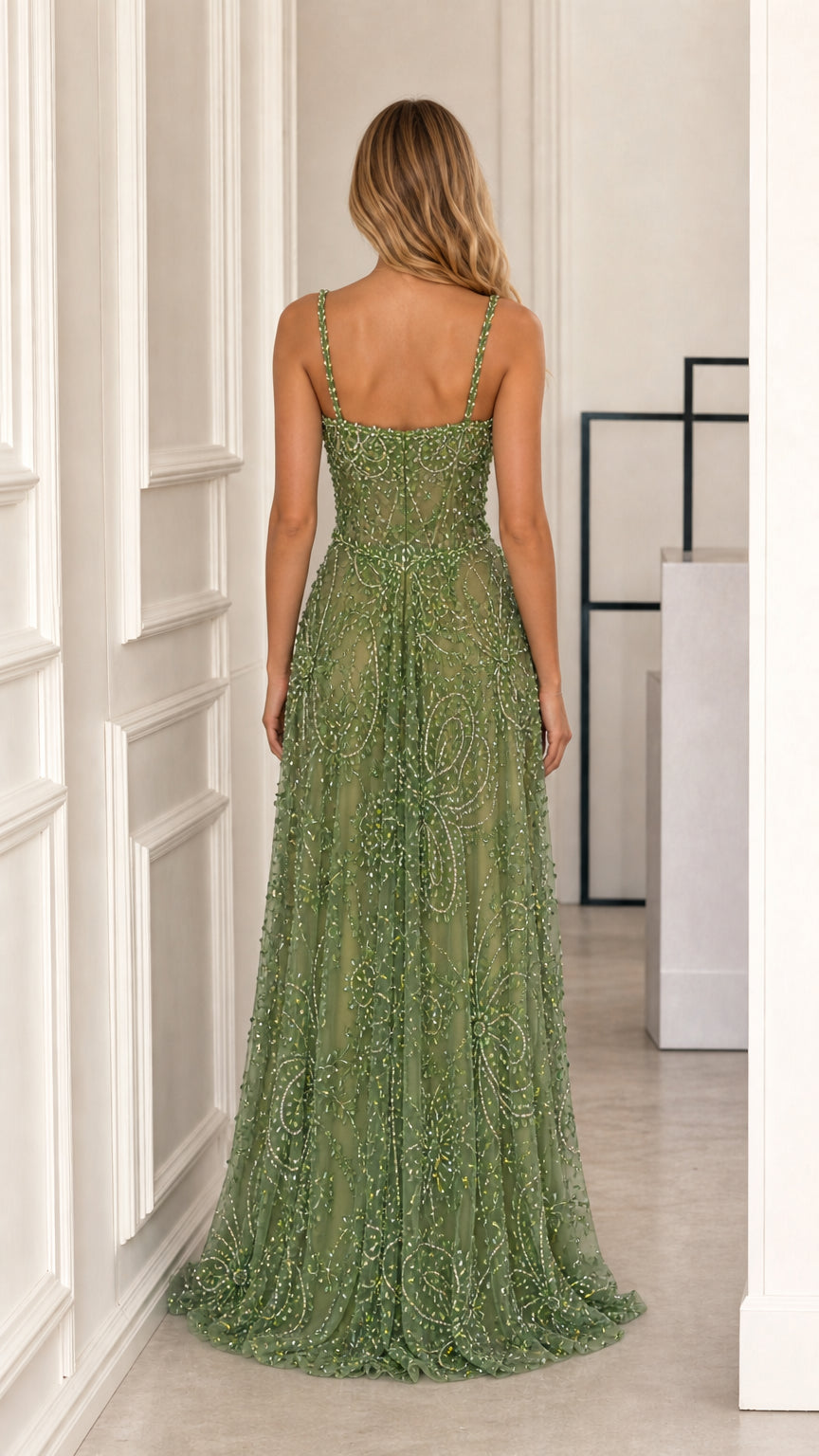 Sage Green floor length gown back view
