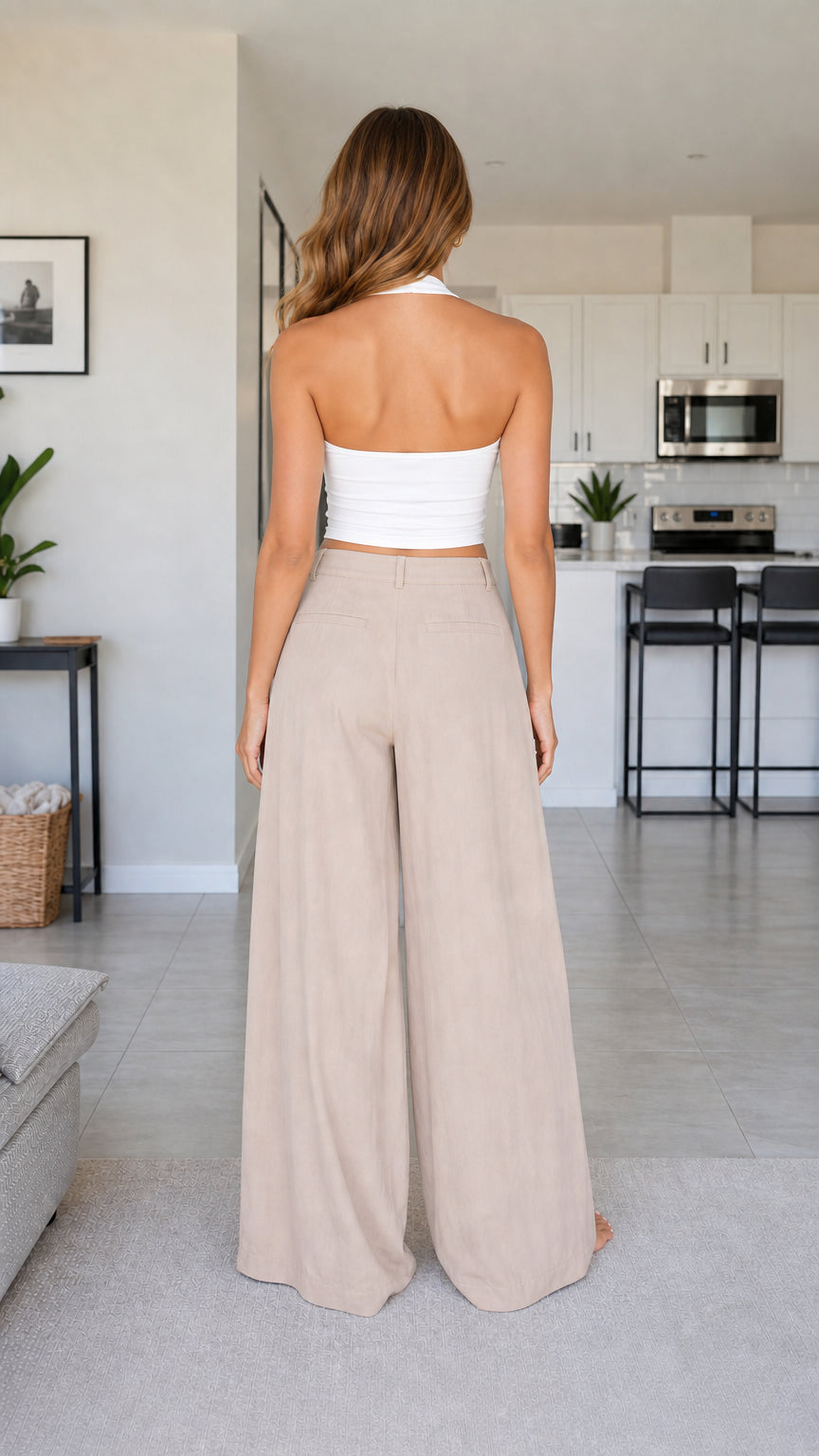 Back view of model wearing beige high waisted wide leg trousers