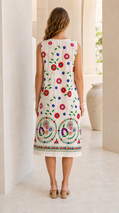 Back view of woman wearing white floral embroidered shift dress