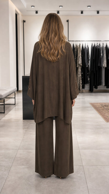 Back view of model wearing brown embroidered lounge set