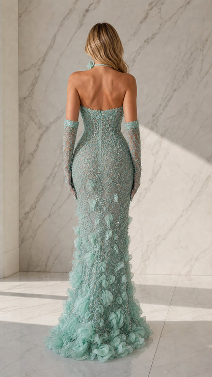 Back view of sage green strapless evening dress