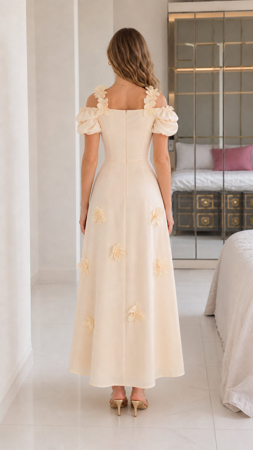 Back view of cream floral applique midi dress