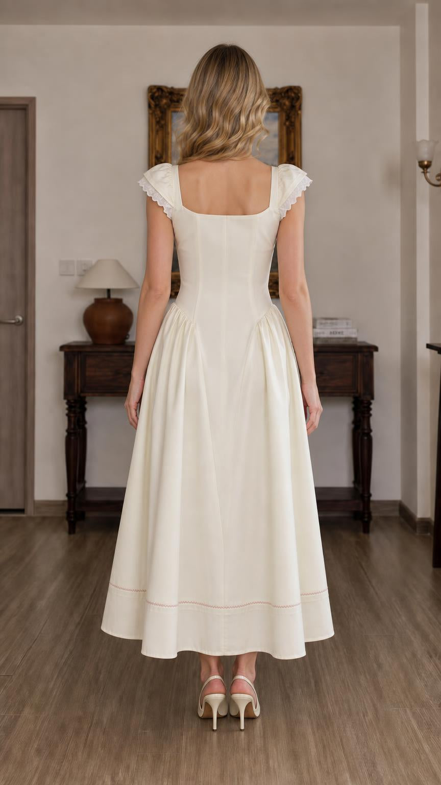 Back view of Ivory midi dress showing square neckline