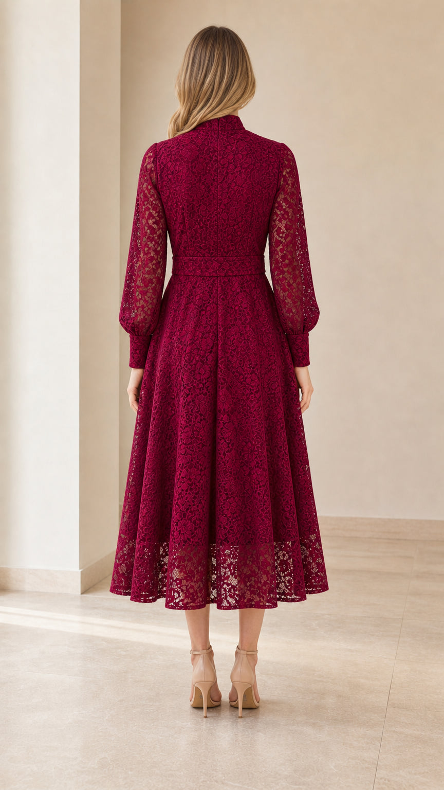 Back view of Burgundy lace midi dress showing high neck and gathered waist