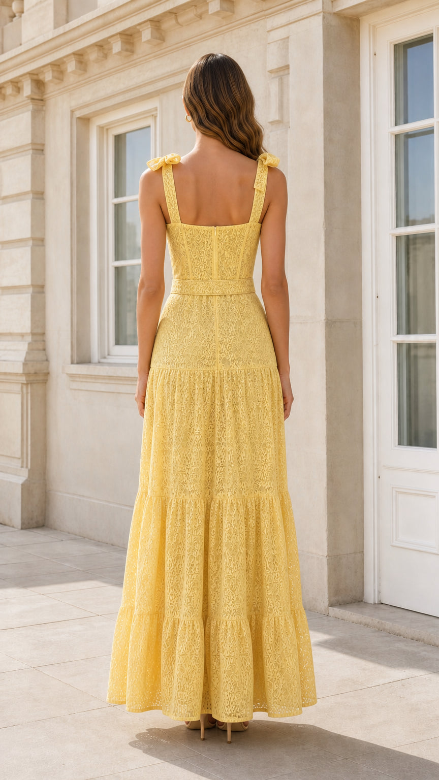 Back view of yellow lace tiered maxi dress