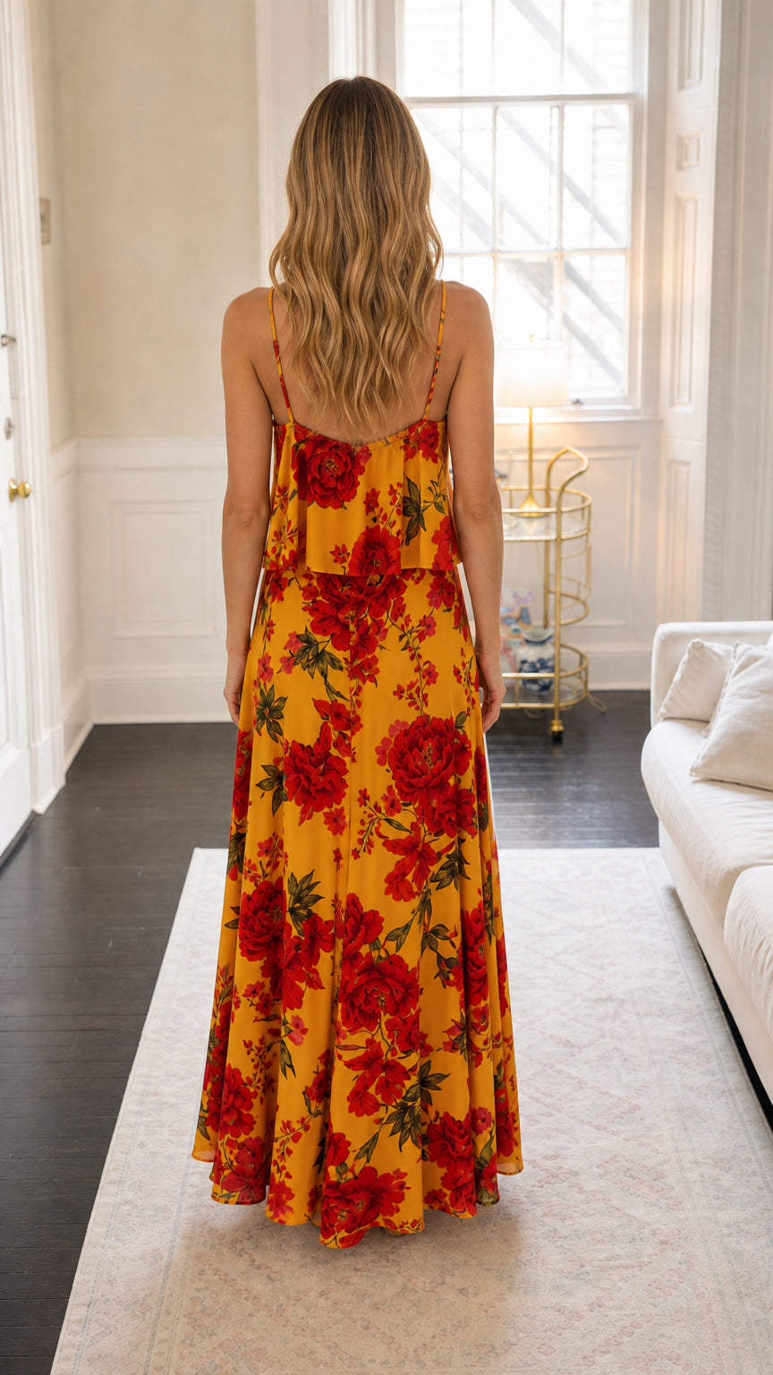 Back view of yellow floral maxi dress