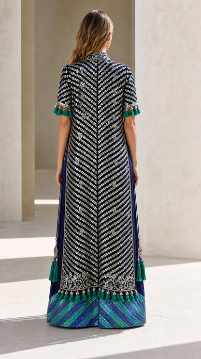 Navy Blue chevron sequined formal maxi dress back view