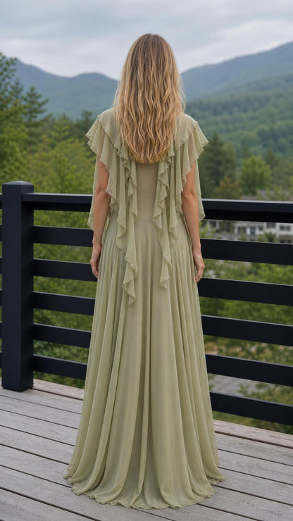 Ethereal Ruffled V-Neck Maxi Dress in Sage Green back view