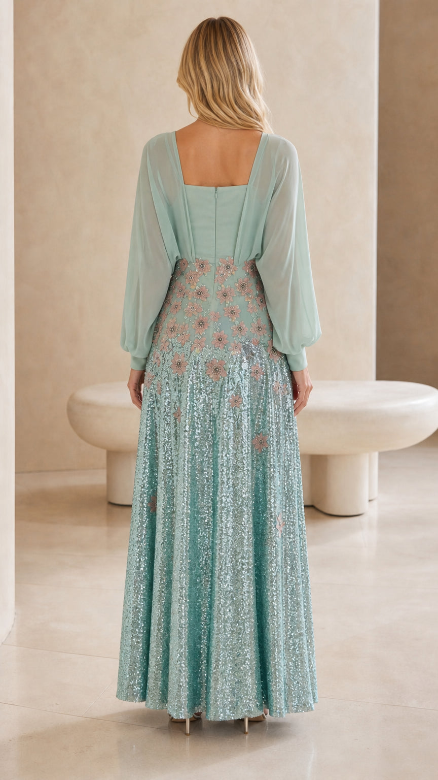 Back view of mint green square-back sequin evening dress