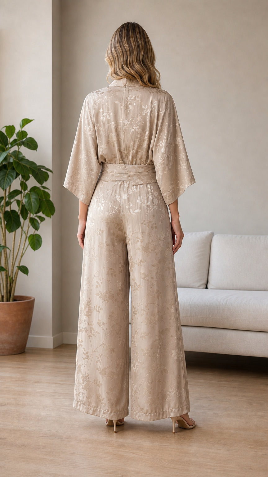 Champagne satin wrap jumpsuit back view