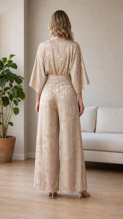 Champagne satin wrap jumpsuit back view