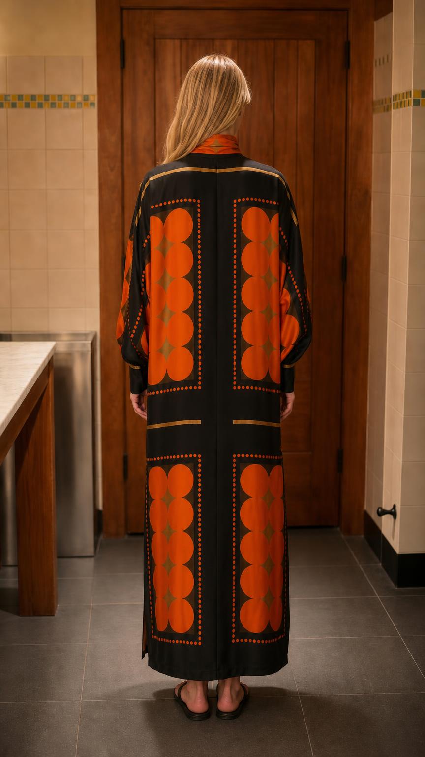 Back view of model showcasing back pattern on black maxi dress