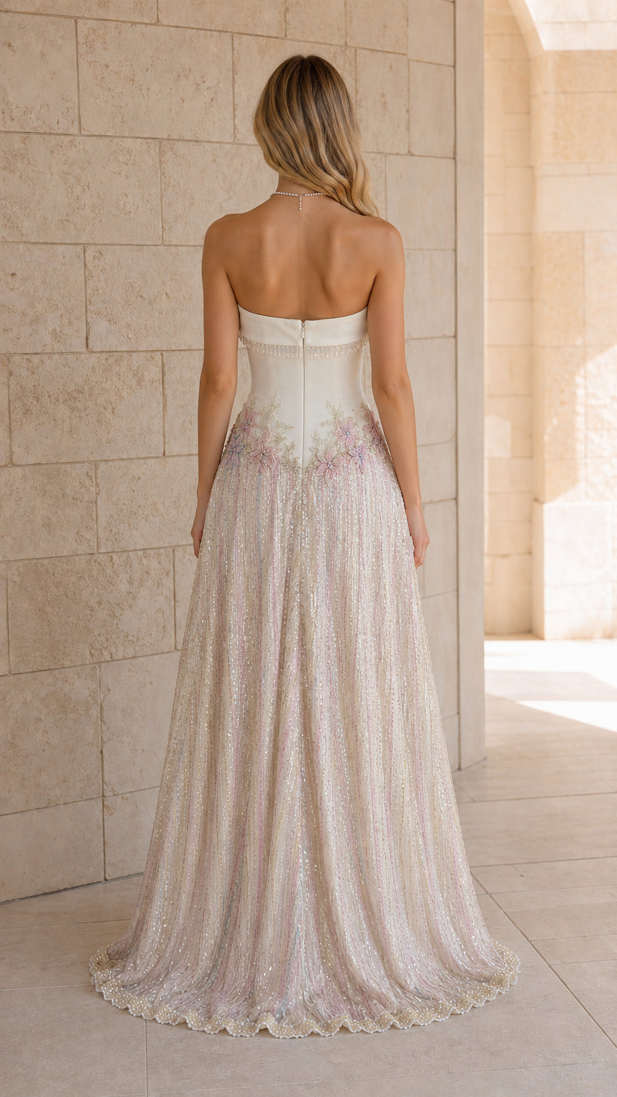 Back view of white evening dress with zipper detail
