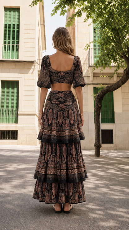 Back view of woman showcasing the open back detail of the matching set