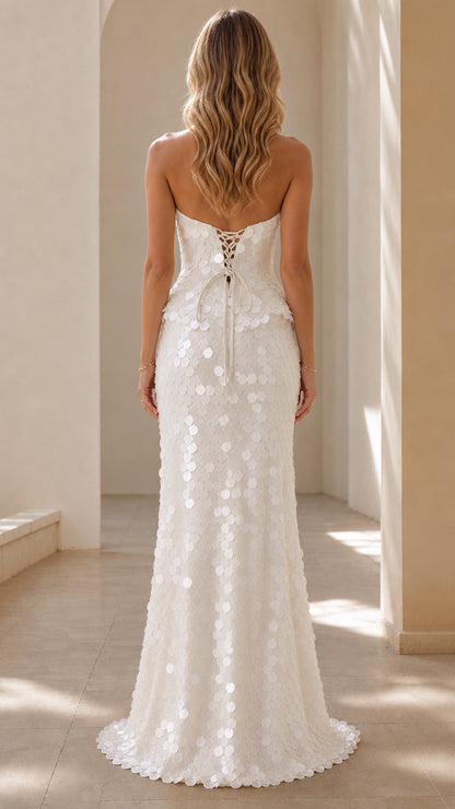 Back view showing lace-up detail of White sequin dress