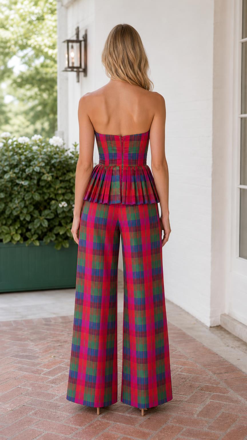 Model wearing red multi plaid set, back view