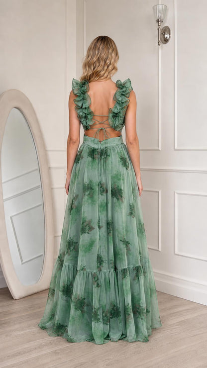 Sage Green floral print maxi dress back view showing lace-up detail
