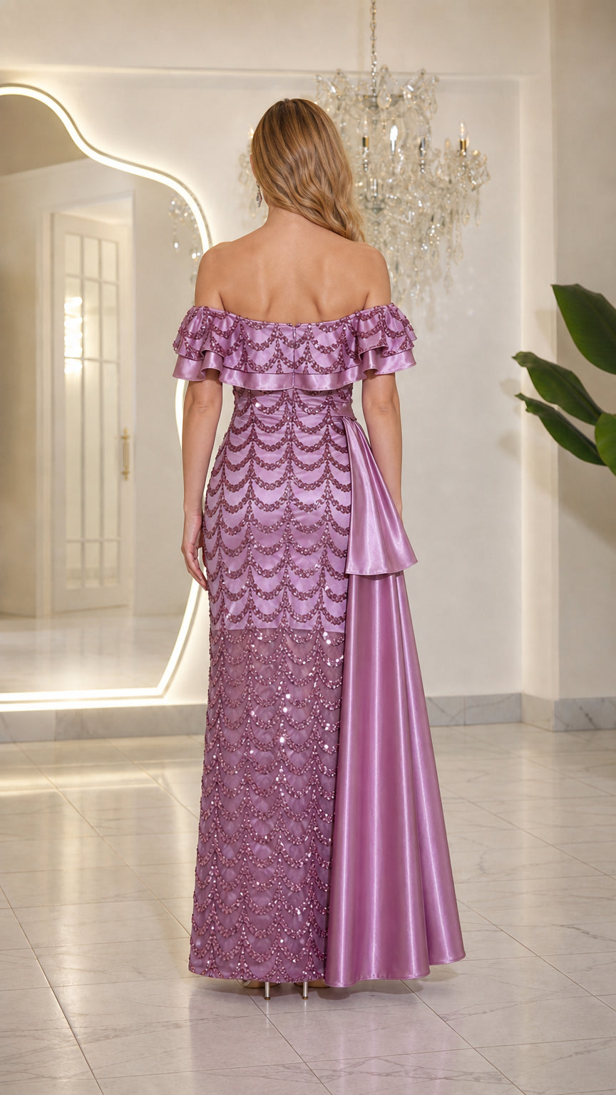 Back view of mauve formal evening gown