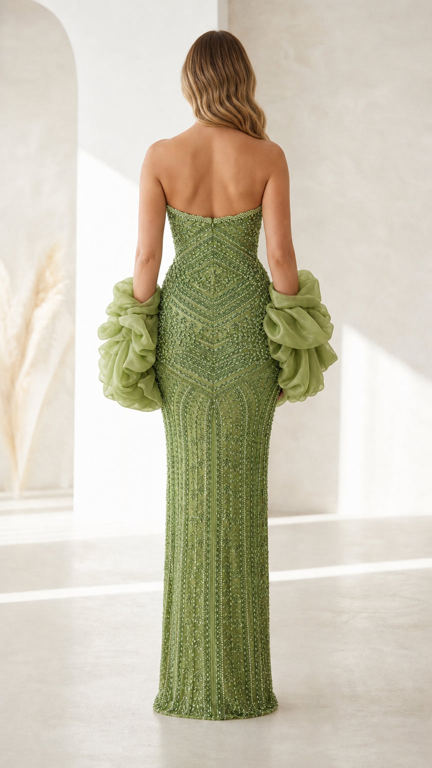 Back view of sage green formal gown