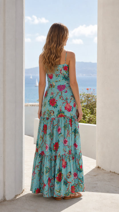 Back view of woman wearing turquoise floral tiered maxi dress
