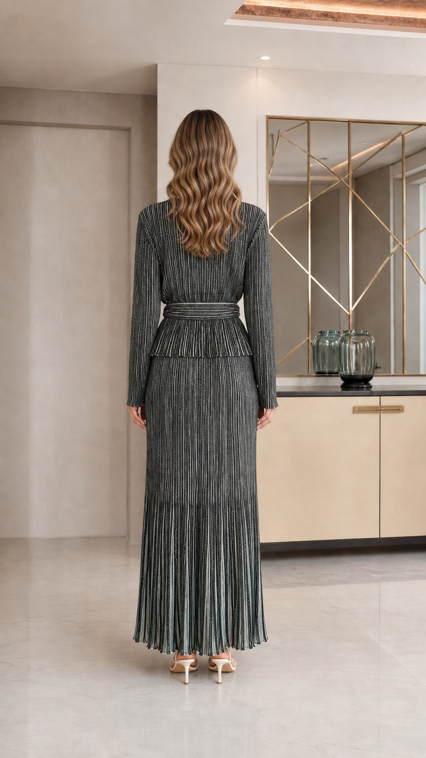 Back view of Charcoal Grey pleated shimmer maxi dress showing full drape