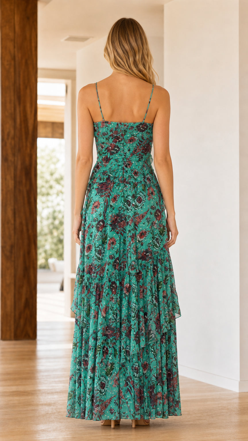 Back view of model wearing Teal floral maxi dress