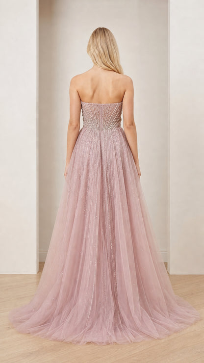 Back view showcasing sweeping train on Dusty Rose tulle gown