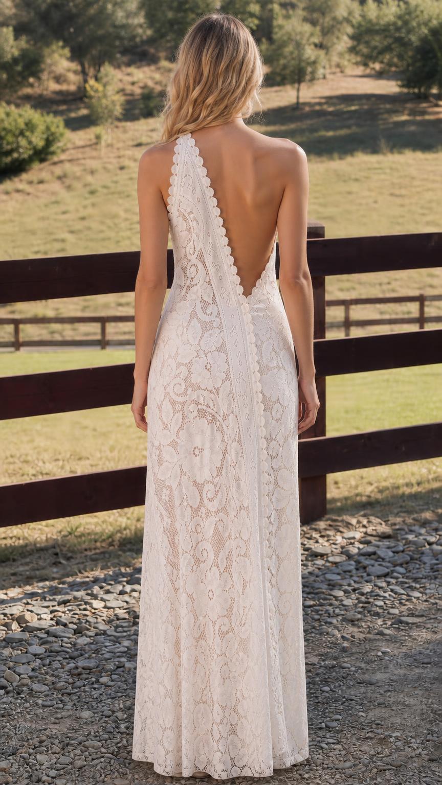 Back view of model showing open-back design of white lace dress
