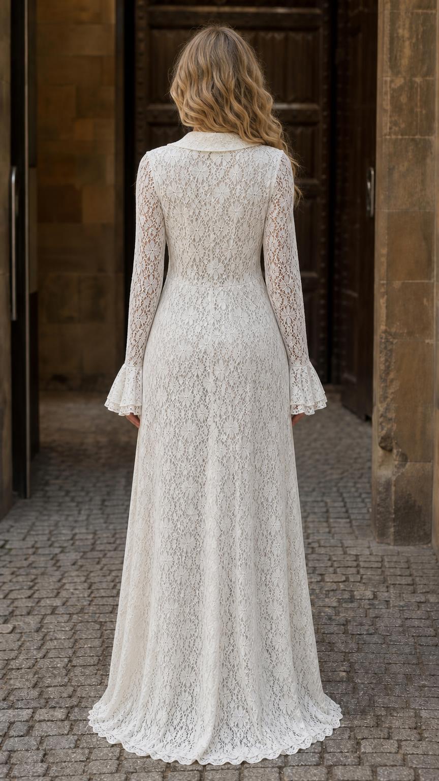 Back view of woman in white lace maxi dress
