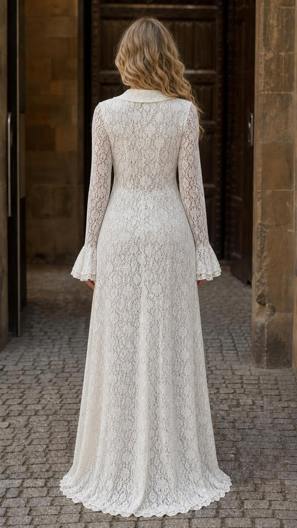 Back view of woman in white lace maxi dress
