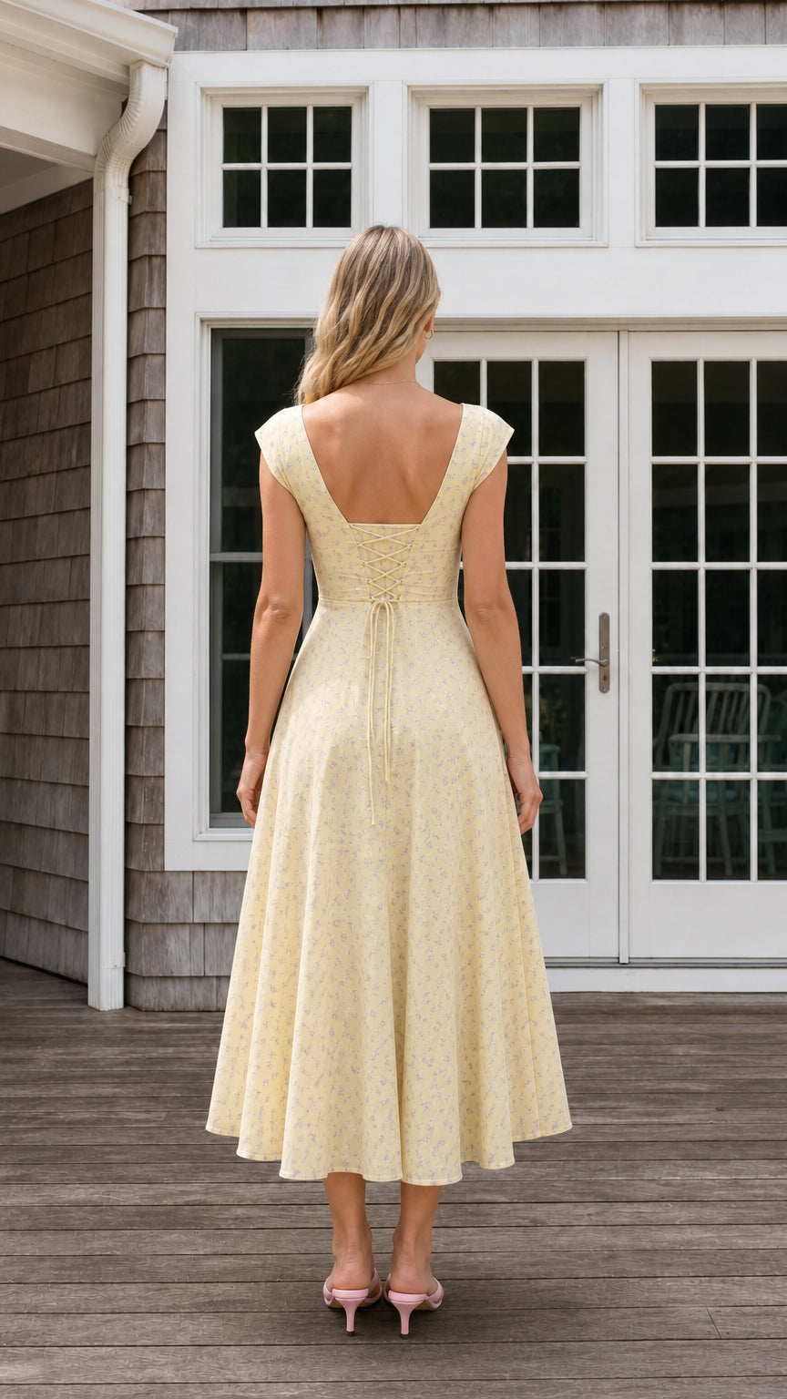 Back view of yellow floral midi dress showcasing lace-up back
