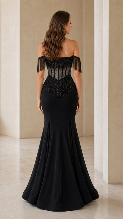 Back view of black mermaid evening dress