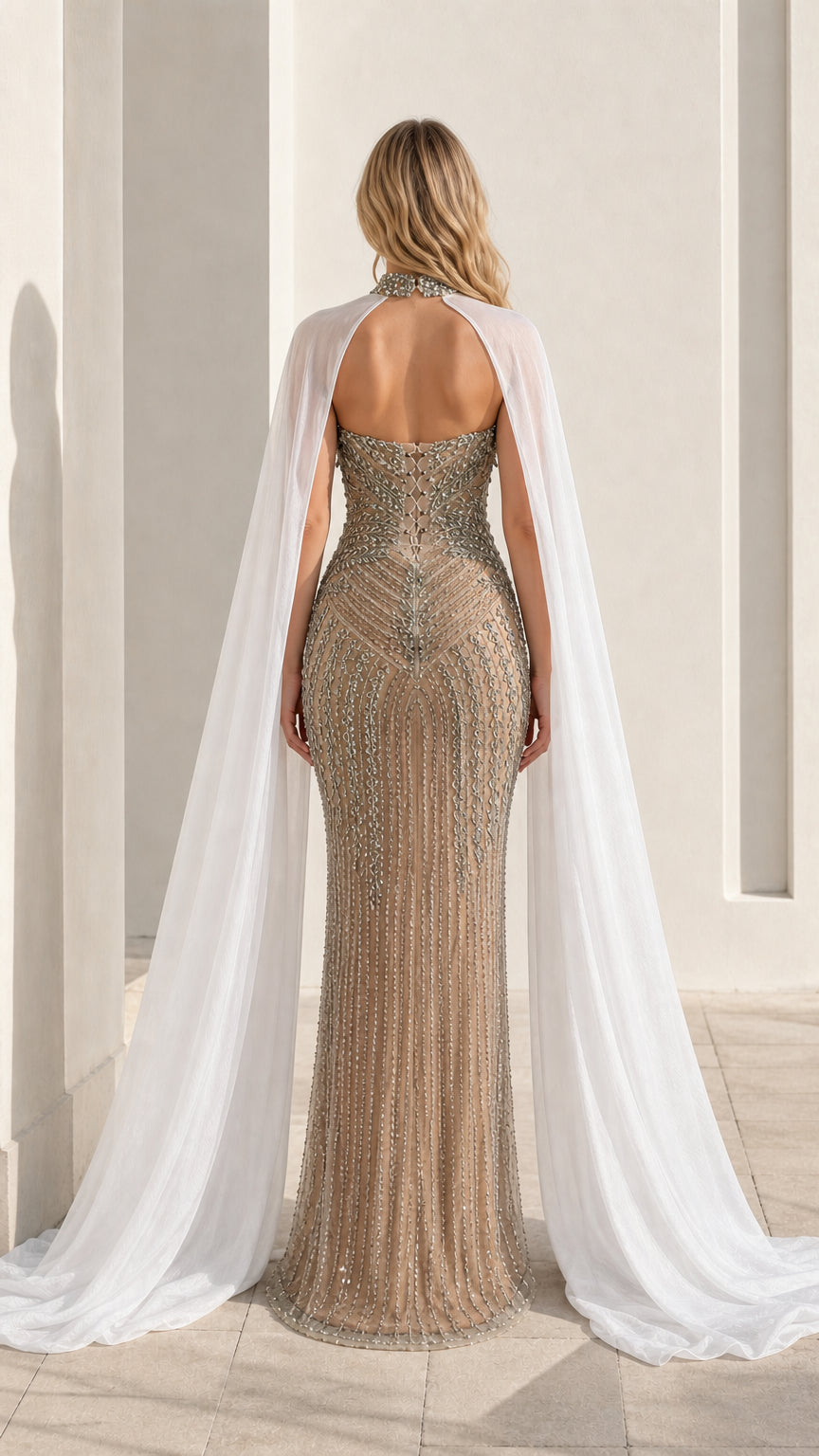Back view showcasing open back and floor-length sheer cape