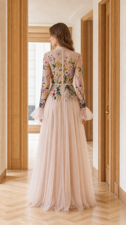 Back view of blush long sleeve embroidered tulle formal maxi dress
