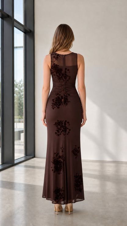 Back view of brown formal dress with mesh detail