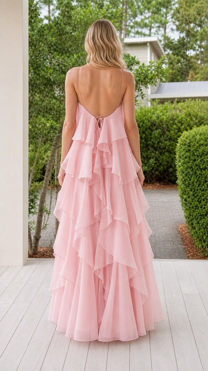 Back view of pink maxi dress with adjustable back ties