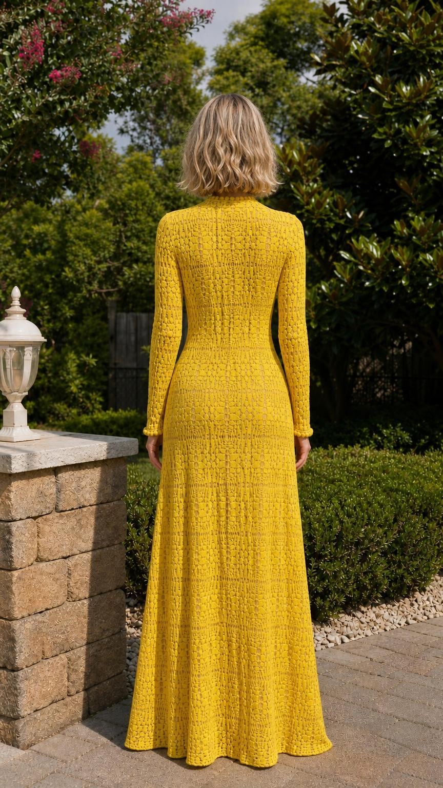 Back view of yellow crochet maxi dress